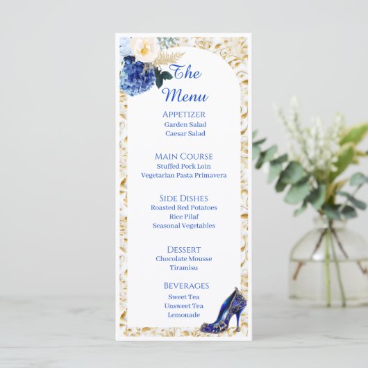 Carte de menu de dîner Papillon Bleu Royal Or (Debout devant)