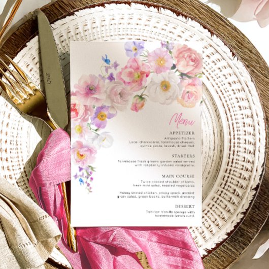 Carte de menu de douche de mariage floral rose Elo