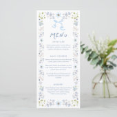 Carte de menu de douche de mariage florale bleue e (Debout devant)