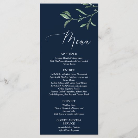 Carte de menu de feuillage de bleu marine de (Devant)