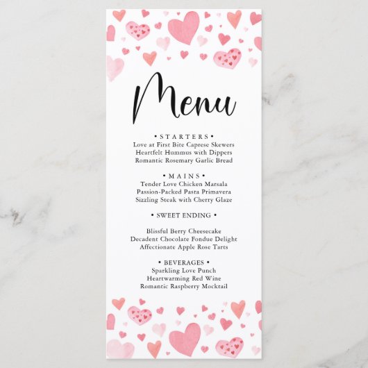 Carte de menu de la Saint-Valentin à cœurs roses a (Devant)