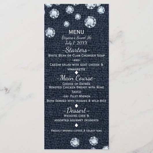 Carte de menu de l'événement Denim & Diamonds Glam (Devant)