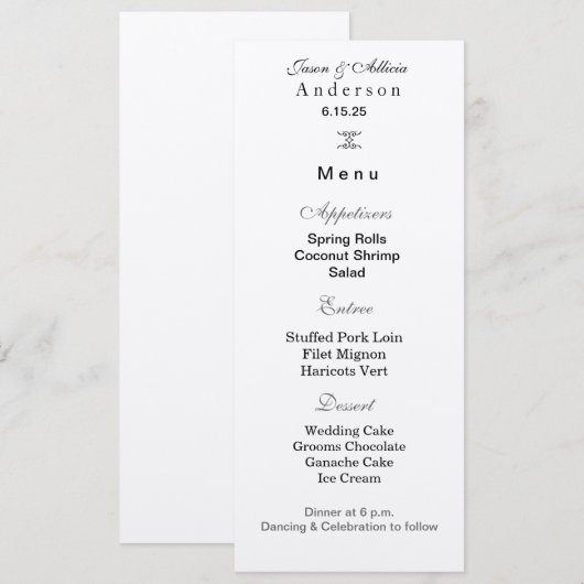 Carte de menu de mariage (Devant / Derrière)