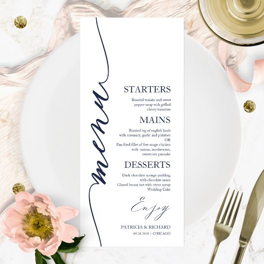 Carte de menu de mariage 4x9 écriture élégante pou