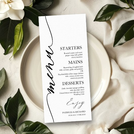 Carte de menu de mariage 4x9 écriture élégante pou