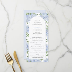 Carte de menu de mariage à arche d'hortensia bleue