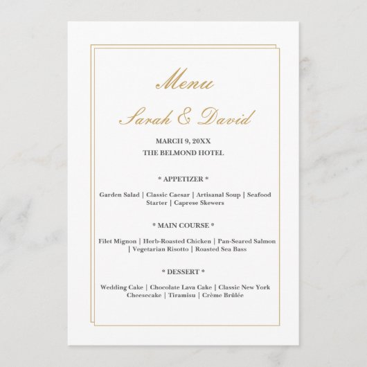 Carte de menu de mariage à bordure dorée minimalis (Devant)