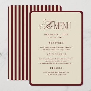 Carte de menu de mariage à bordure rayée ivoire et