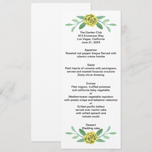 Carte de menu de mariage à feuillage floral jaune (Devant / Derrière)