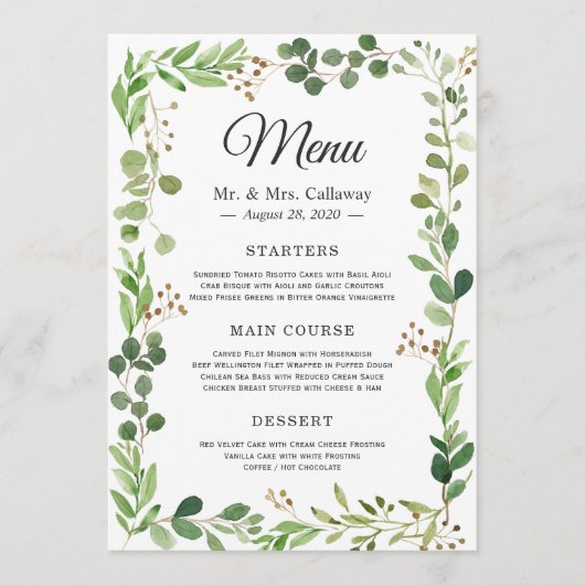 Carte de menu de mariage à la verdure d'eucalyptus (Devant)
