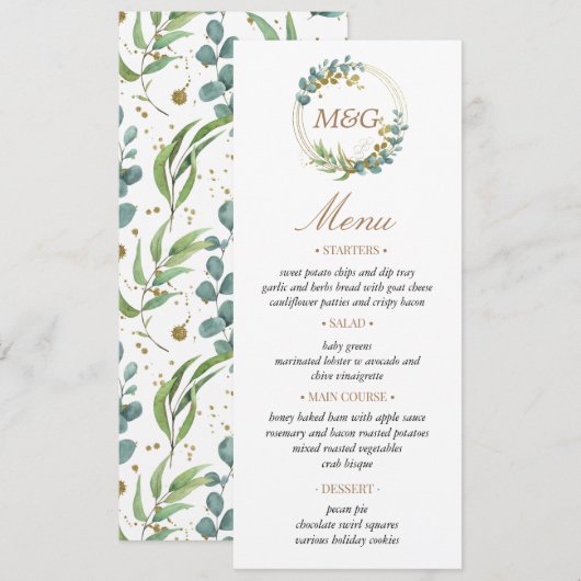 carte de menu de mariage à la verdure d'eucalyptus (Devant / Derrière)