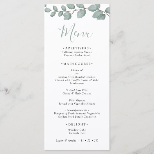 Carte de menu de mariage à la verdure d'eucalyptus (Devant)