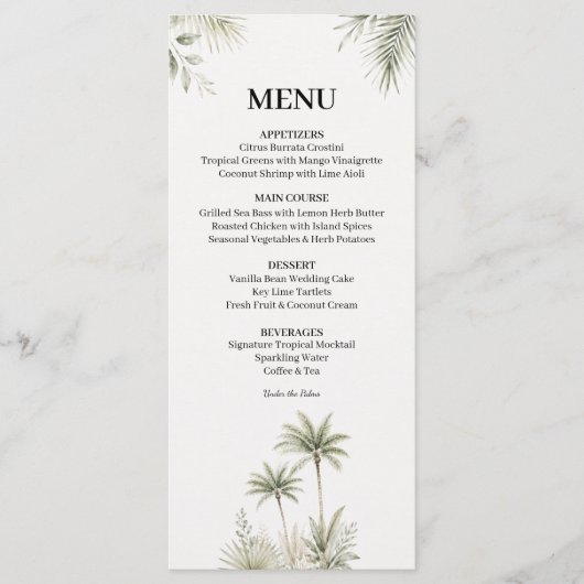 Carte de menu de mariage à l'aquarelle avec palmie (Devant)