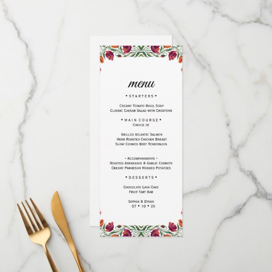 Carte de Menu de Mariage à l'Aquarelle Fleurie de (Devant/Arrière en situation)