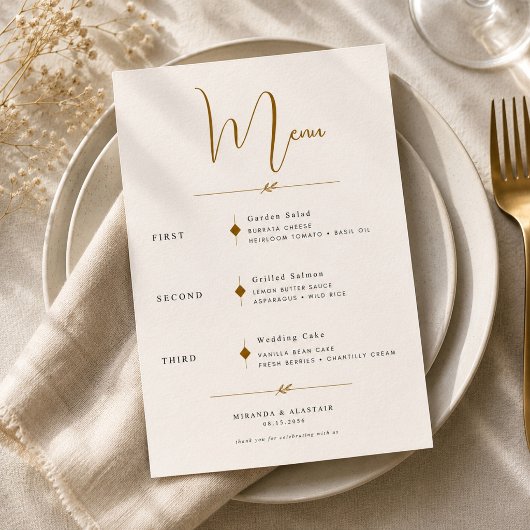Carte de menu de mariage à l'écriture dorée