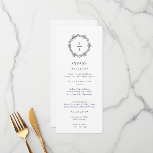 Carte de menu de mariage à monogramme avec couronn (Devant/Arrière en situation)