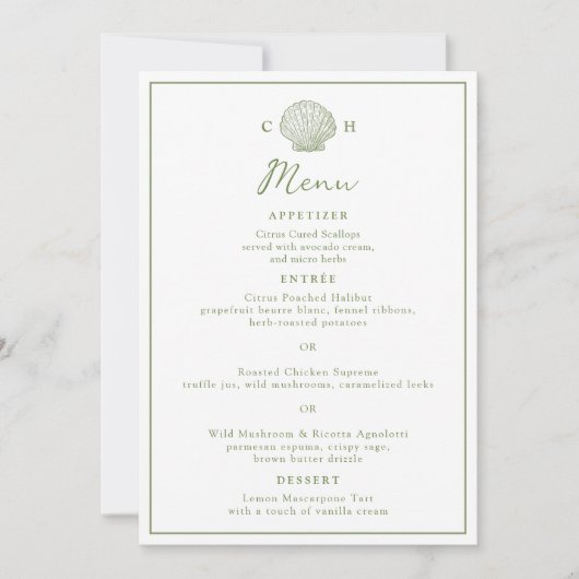 Carte de menu de mariage à monogramme coquillage v (Devant)