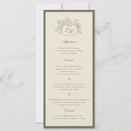 Carte de menu de mariage à monogramme crème olive (Devant)