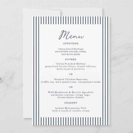 Carte de menu de mariage à monogramme et rayures n (Devant)