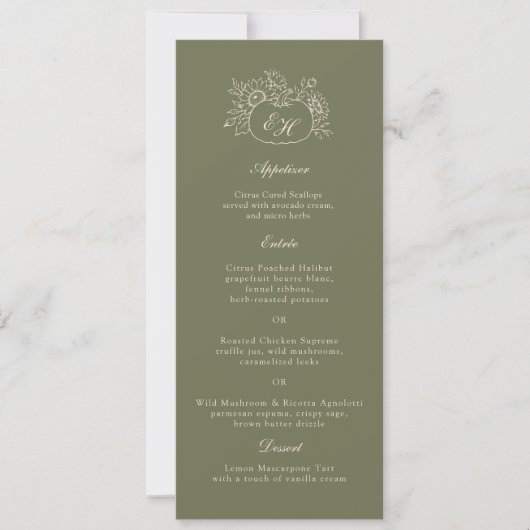 Carte de menu de mariage à monogramme Olive Sage (Devant)