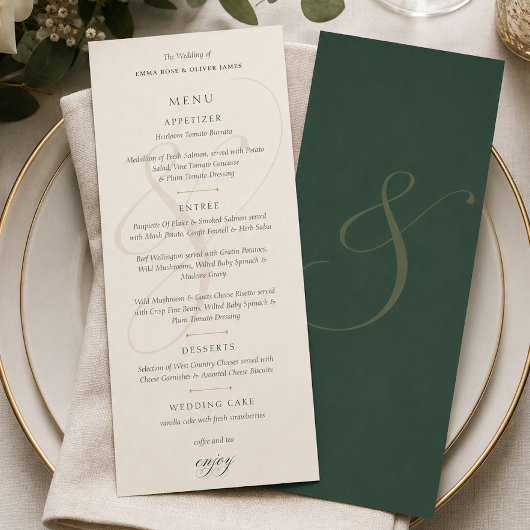Carte de menu de mariage à monogramme or émeraude