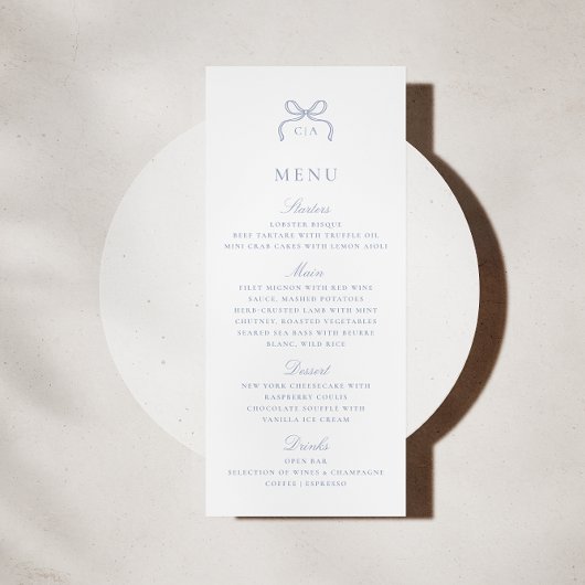 Carte de menu de mariage à nœud bleu Monogram