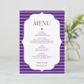 Carte de menu de mariage à rayures violettes à pla (Debout devant)
