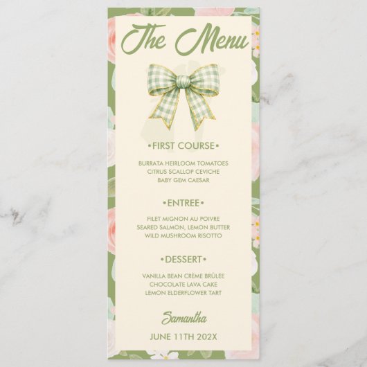 Carte de menu de mariage à ruban gingham vert Wild (Devant)