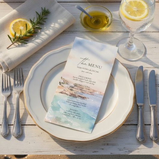 Carte de Menu de Mariage à Santorin | Plage Côtièr