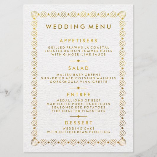 Carte de Menu de Mariage Art Déco Doré (Devant)