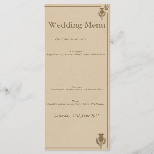Carte de menu de mariage au chardon écossais | Élé (Devant)