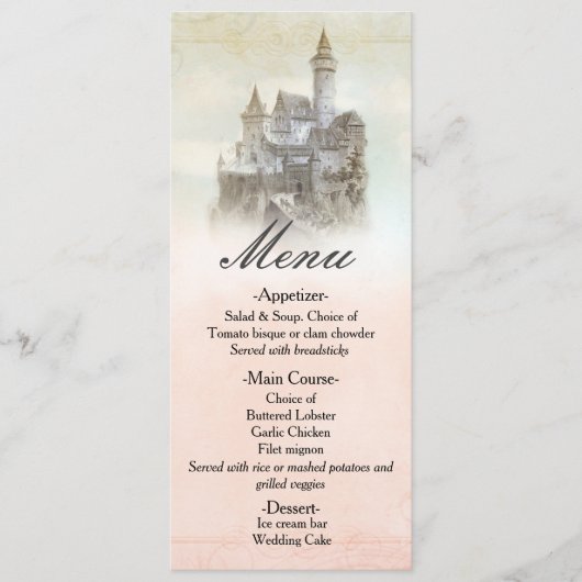 Carte de menu de mariage au château de conte de fé (Devant)