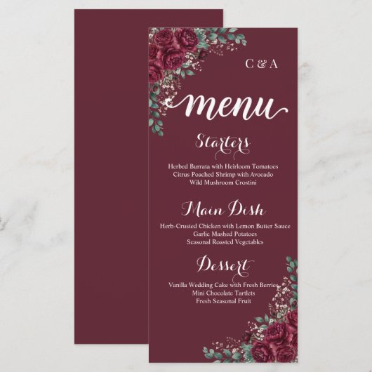 Carte de menu de mariage au eucalyptus et rose de  (Devant / Derrière)