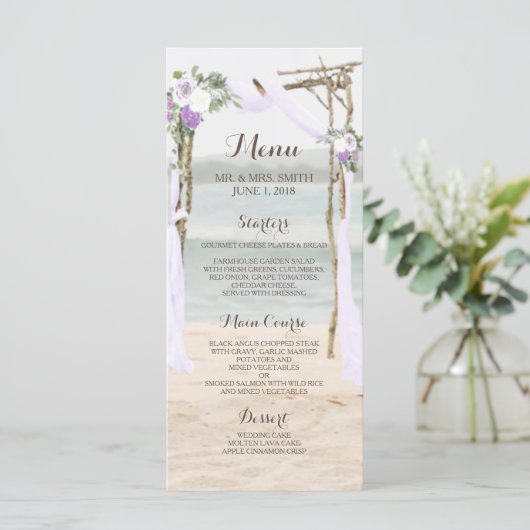 Carte de menu de mariage au lavande de Beach Arbor (Debout devant)