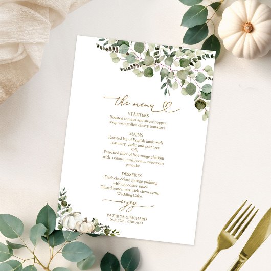 Carte de menu de mariage automnal avec verdure et