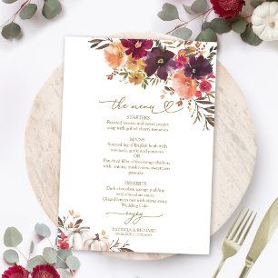 Carte de menu de mariage automnal Burgundy Pumpkin