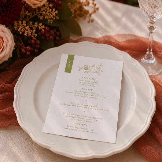 Carte de menu de mariage automnal citrouille vert