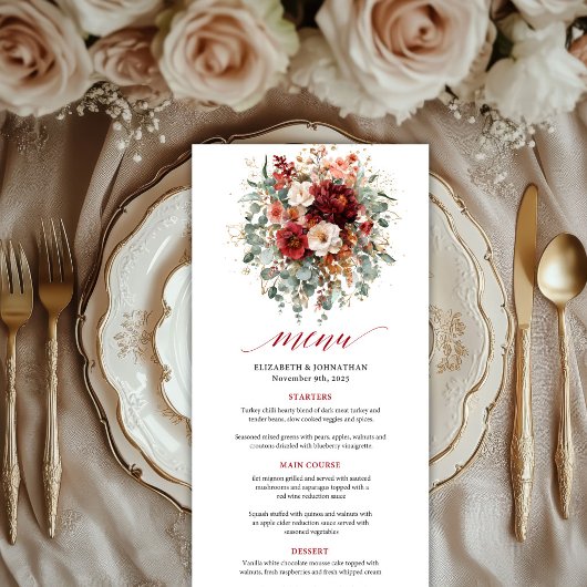 Carte de Menu de Mariage Automne Bourgogne Or Euca