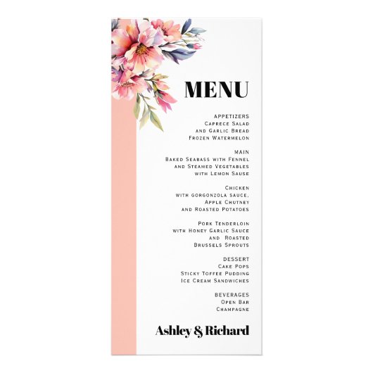 Carte de menu de mariage aux fleurs roses pêche de (Devant)