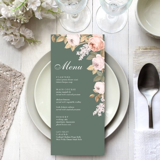 Carte de Menu de Mariage aux Pivoines Vert Sauge B