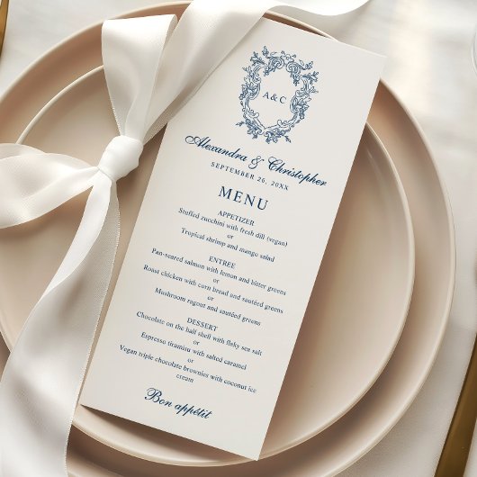 Carte de menu de mariage avec blason monogramme de