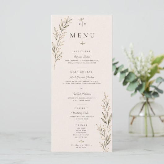 Carte de menu de mariage avec branche d'olivier bo (Debout devant)