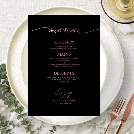 Carte de menu de mariage avec calligraphie chic po