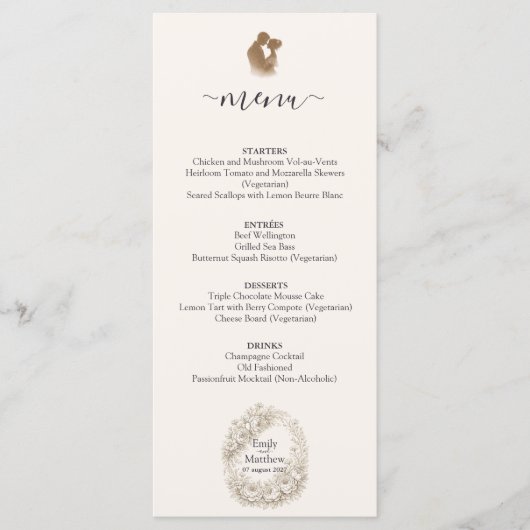 Carte de menu de mariage avec gravure botanique Ré (Devant)