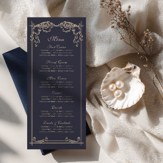 Carte de menu de mariage baroque bleu marine
