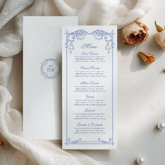 Carte de menu de mariage baroque bleu poussiéreux