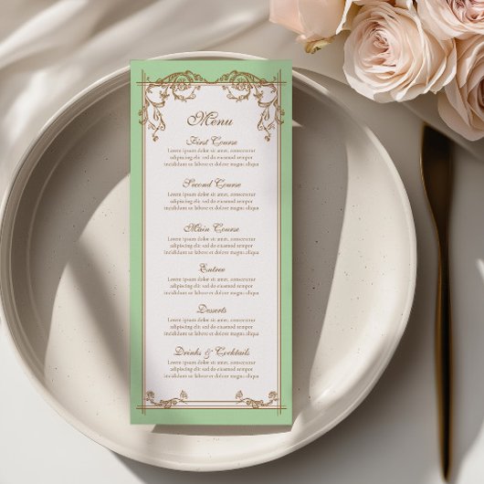 Carte de Menu de Mariage Baroque Menthe