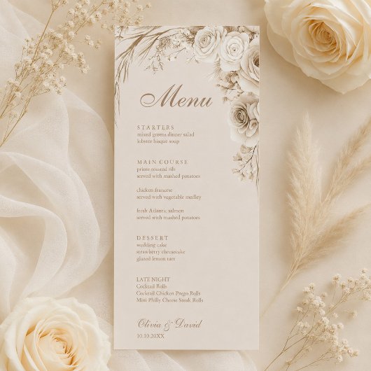 Carte de menu de mariage beige Roses d'Ivoire