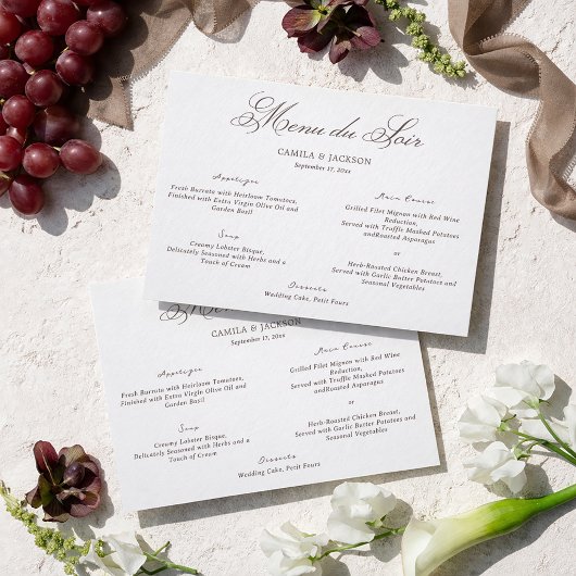 Carte de Menu de Mariage Blanc et Marron Old Money