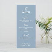 Carte de menu de mariage bleu poussiéreux pour dîn (Debout devant)